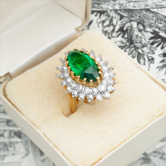 Vintage Emerald Green Austrian Crystal Cocktail Ring - 18k Gold Electroplated jewelry image 1