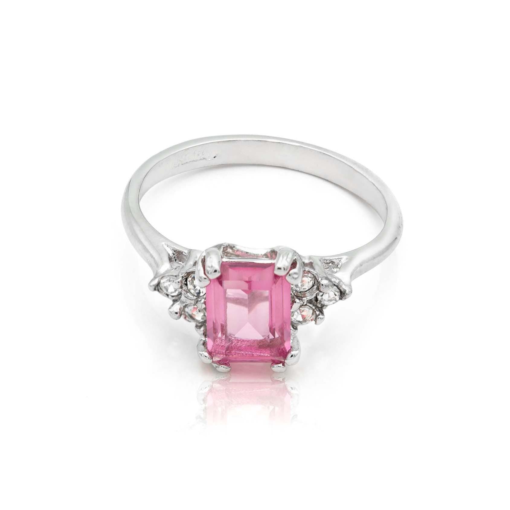Vintage 1980s Pink Emerald Cut Austrian Crystal Ring with Clear Crystal Accents – 18k Gold Electroplated Two Tone jewelry image 1