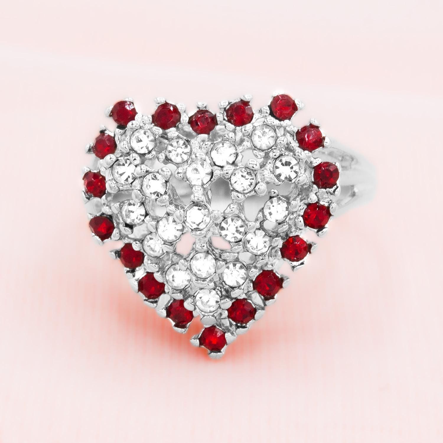 Vintage 1980s Austrian Crystal Heart Ring – Ruby Red & Clear Crystals, 18kt Gold Electroplated jewelry image 1