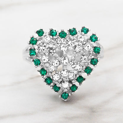 Vintage 1980s Heart Ring with Emerald Green and Clear Austrian Crystals – 18kt White Gold Electroplated jewelry image 1