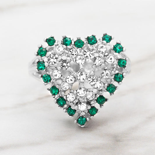Vintage 1980s Heart Ring with Emerald Green and Clear Austrian Crystals – 18kt White Gold Electroplated jewelry image 1