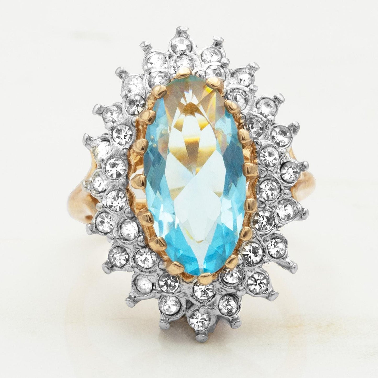 Vintage Aquamarine Austrian Crystal Cocktail Ring – 18k Gold Electroplated jewelry image 1