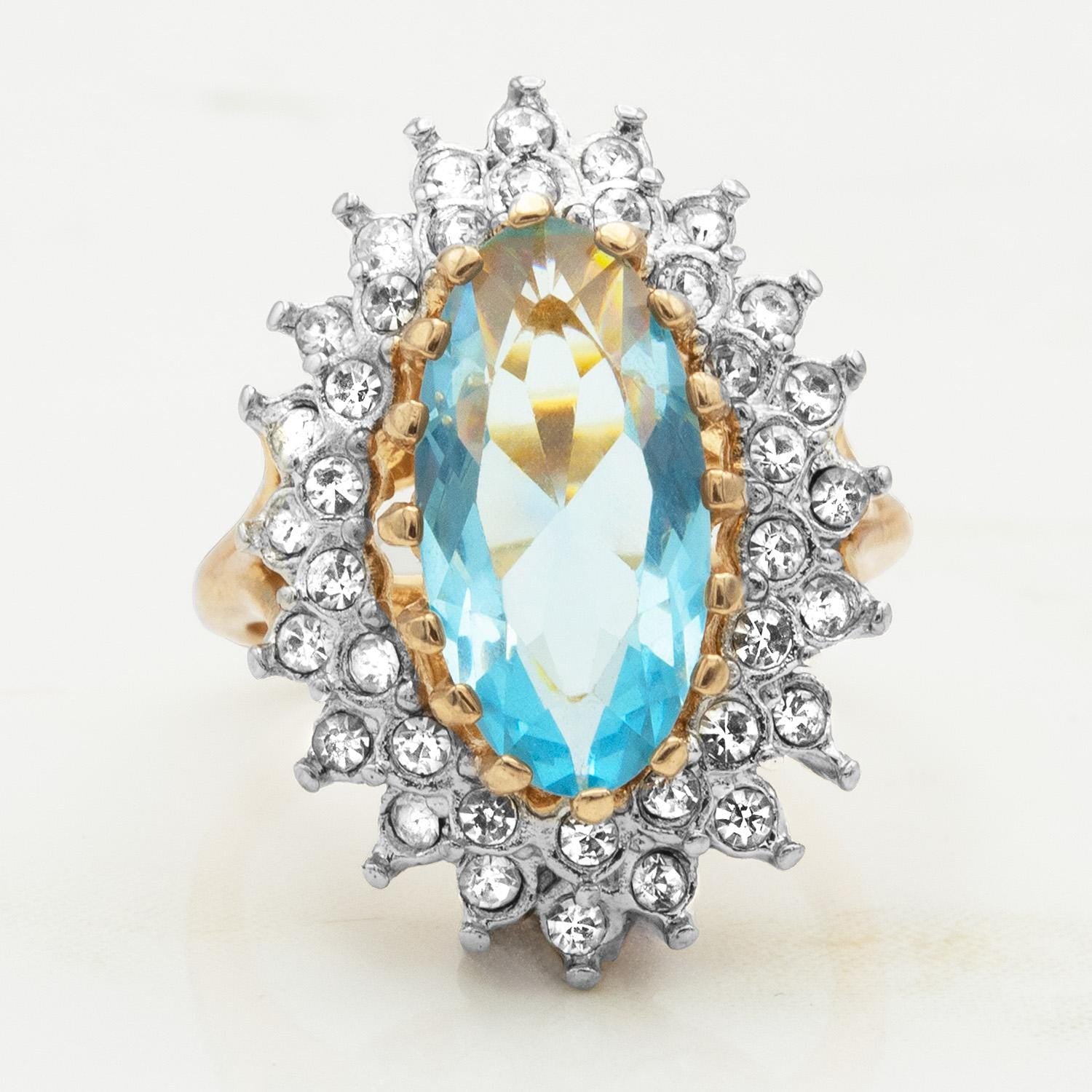 Vintage Aquamarine Austrian Crystal Cocktail Ring – 18k Gold Electroplated jewelry image 1