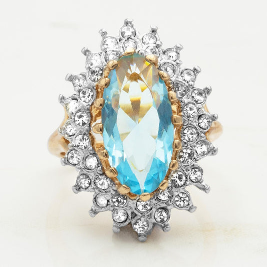 Vintage Aquamarine Austrian Crystal Cocktail Ring – 18k Gold Electroplated jewelry image 1