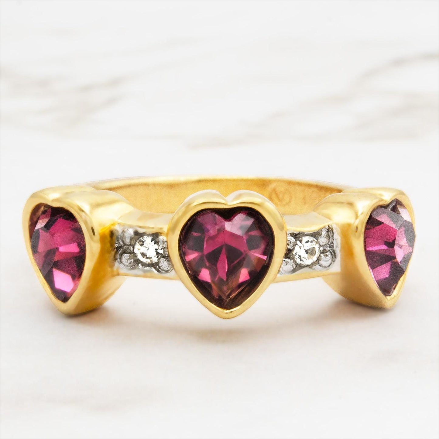 Vintage Triple Heart Amethyst Austrian Crystal Ring - 18k Gold Electroplated jewelry image 1