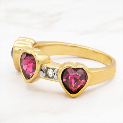 Vintage Triple Heart Amethyst Austrian Crystal Ring - 18k Gold Electroplated jewelry image 1