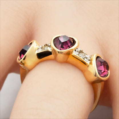 Vintage Triple Heart Amethyst Austrian Crystal Ring - 18k Gold Electroplated jewelry image 1