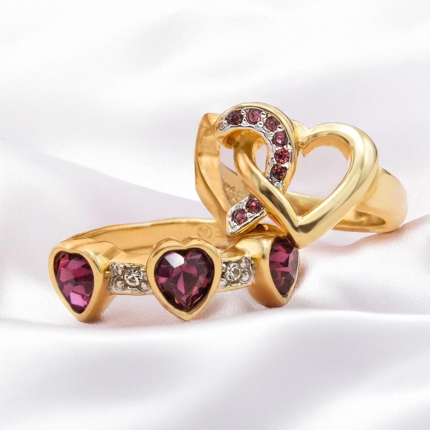 Vintage Triple Heart Amethyst Austrian Crystal Ring - 18k Gold Electroplated jewelry image 1