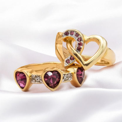 Vintage Triple Heart Amethyst Austrian Crystal Ring - 18k Gold Electroplated jewelry image 1