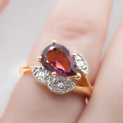 Vintage Amethyst Austrian Crystal Pear Cut Ring - 18k Gold Electroplated with Clear Crystal Accents jewelry image 1
