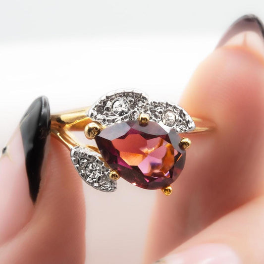 Vintage Amethyst Austrian Crystal Pear Cut Ring - 18k Gold Electroplated with Clear Crystal Accents jewelry image 1