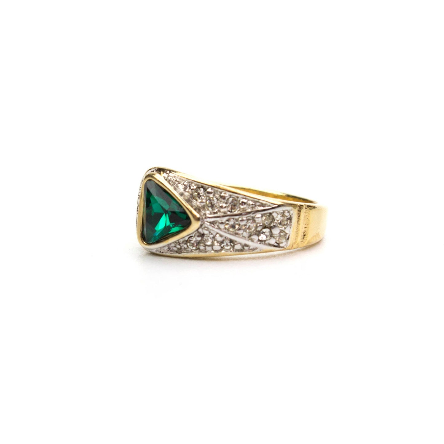 Vintage Emerald and Clear Austrian Crystal Pavé Ring – 18kt Gold Electroplated, Made in USA jewelry image 1