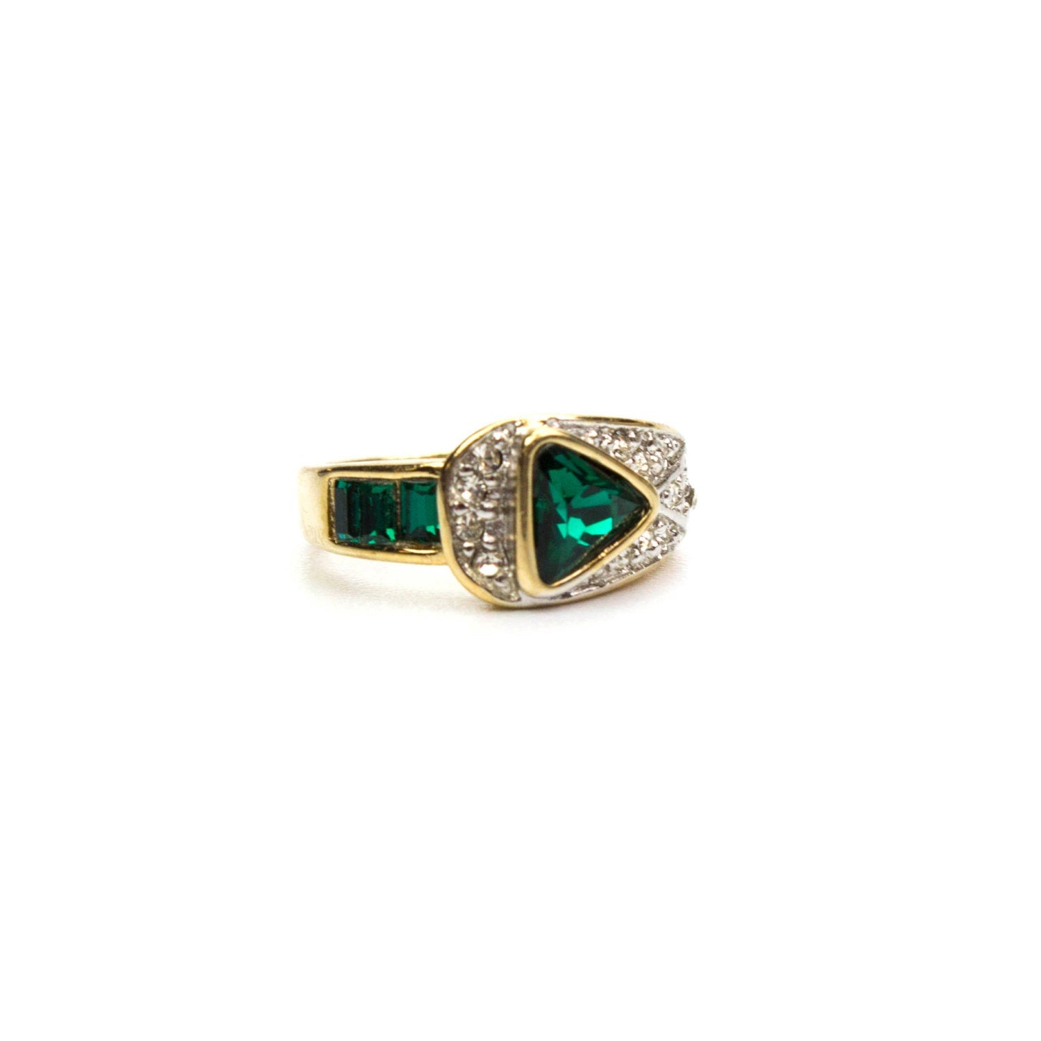 Vintage Emerald and Clear Austrian Crystal Pavé Ring – 18kt Gold Electroplated, Made in USA jewelry image 1