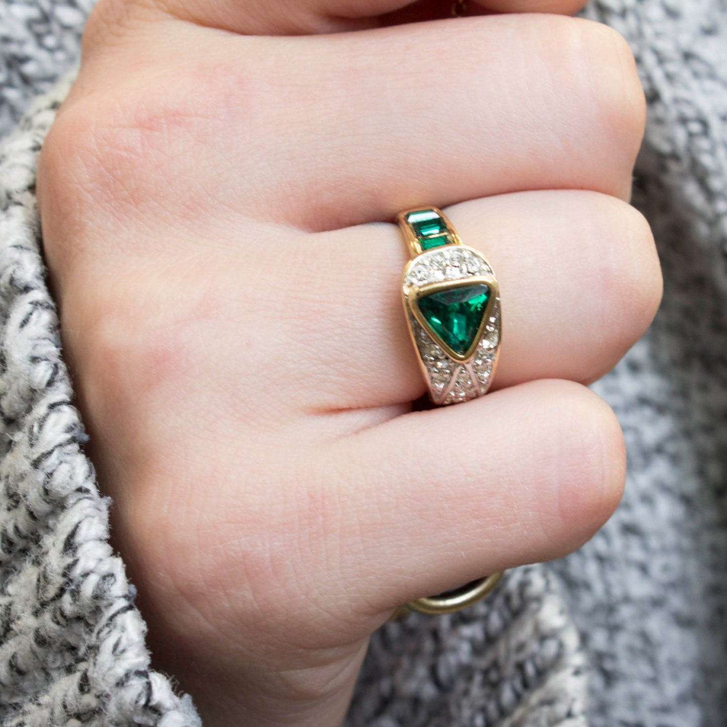 Vintage Emerald and Clear Austrian Crystal Pavé Ring – 18kt Gold Electroplated, Made in USA jewelry image 1