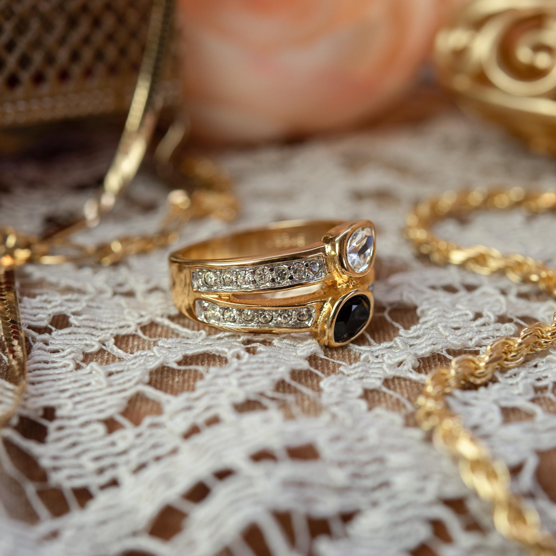 Vintage Jet Black and Clear Austrian Crystal Cocktail Ring - 18k Gold Electroplated jewelry image 1