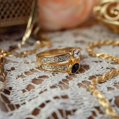 Vintage Jet Black and Clear Austrian Crystal Cocktail Ring - 18k Gold Electroplated jewelry image 1