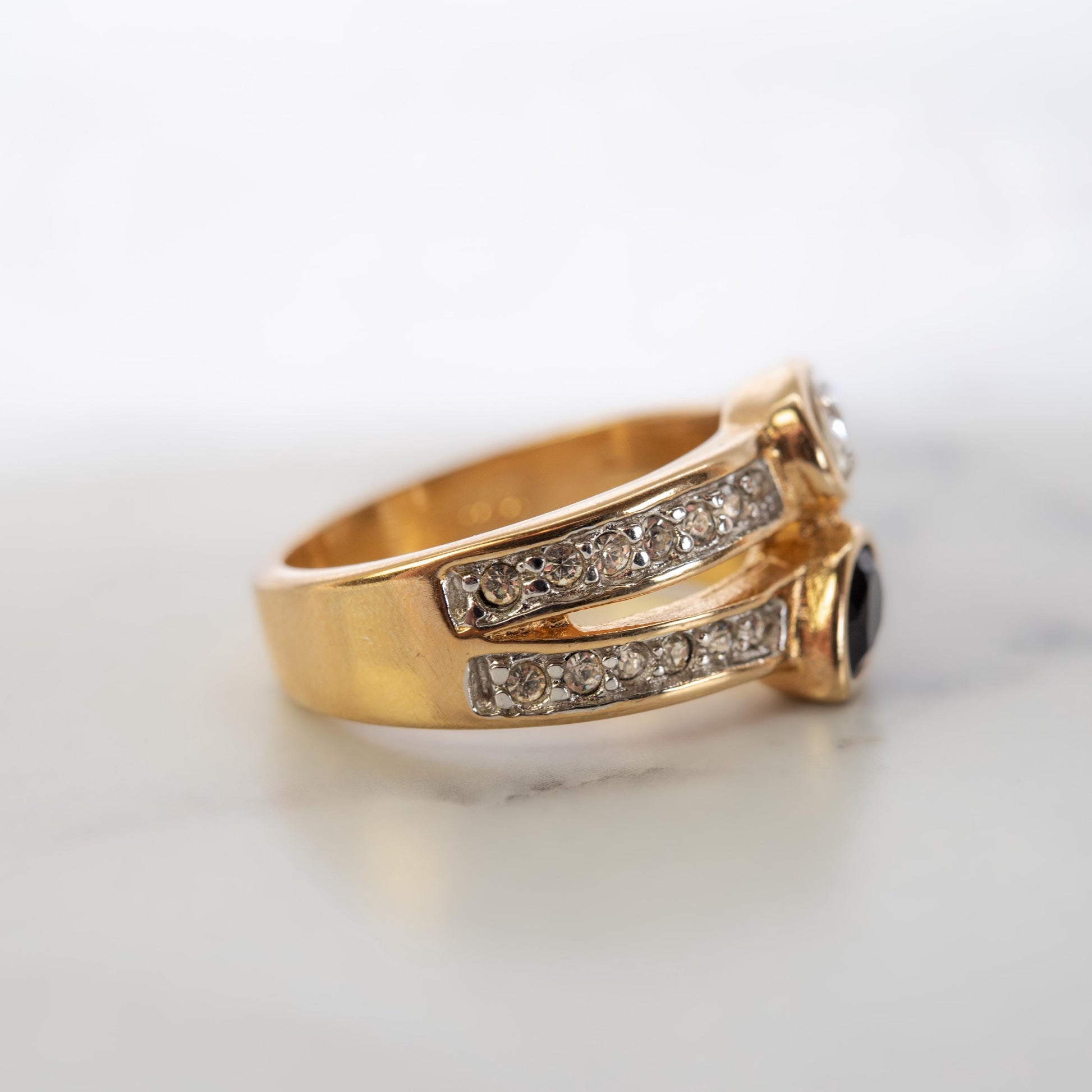 Vintage Jet Black and Clear Austrian Crystal Cocktail Ring - 18k Gold Electroplated jewelry image 1