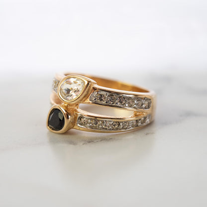 Vintage Jet Black and Clear Austrian Crystal Cocktail Ring - 18k Gold Electroplated jewelry image 1