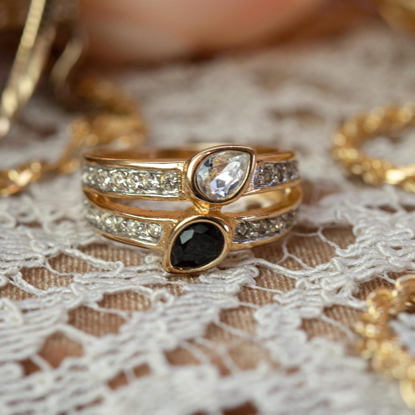 Vintage Jet Black and Clear Austrian Crystal Cocktail Ring - 18k Gold Electroplated jewelry image 1