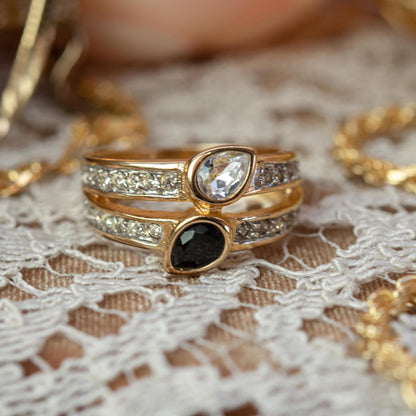 Vintage Jet Black and Clear Austrian Crystal Cocktail Ring - 18k Gold Electroplated jewelry image 1
