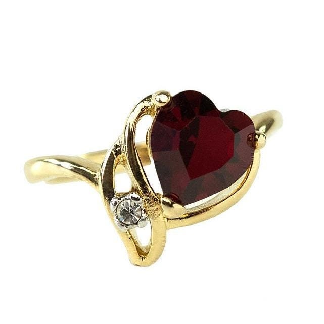 Vintage Ruby Austrian Crystal Heart Ring - 18k Yellow Gold Electroplated - Made in USA jewelry image 1