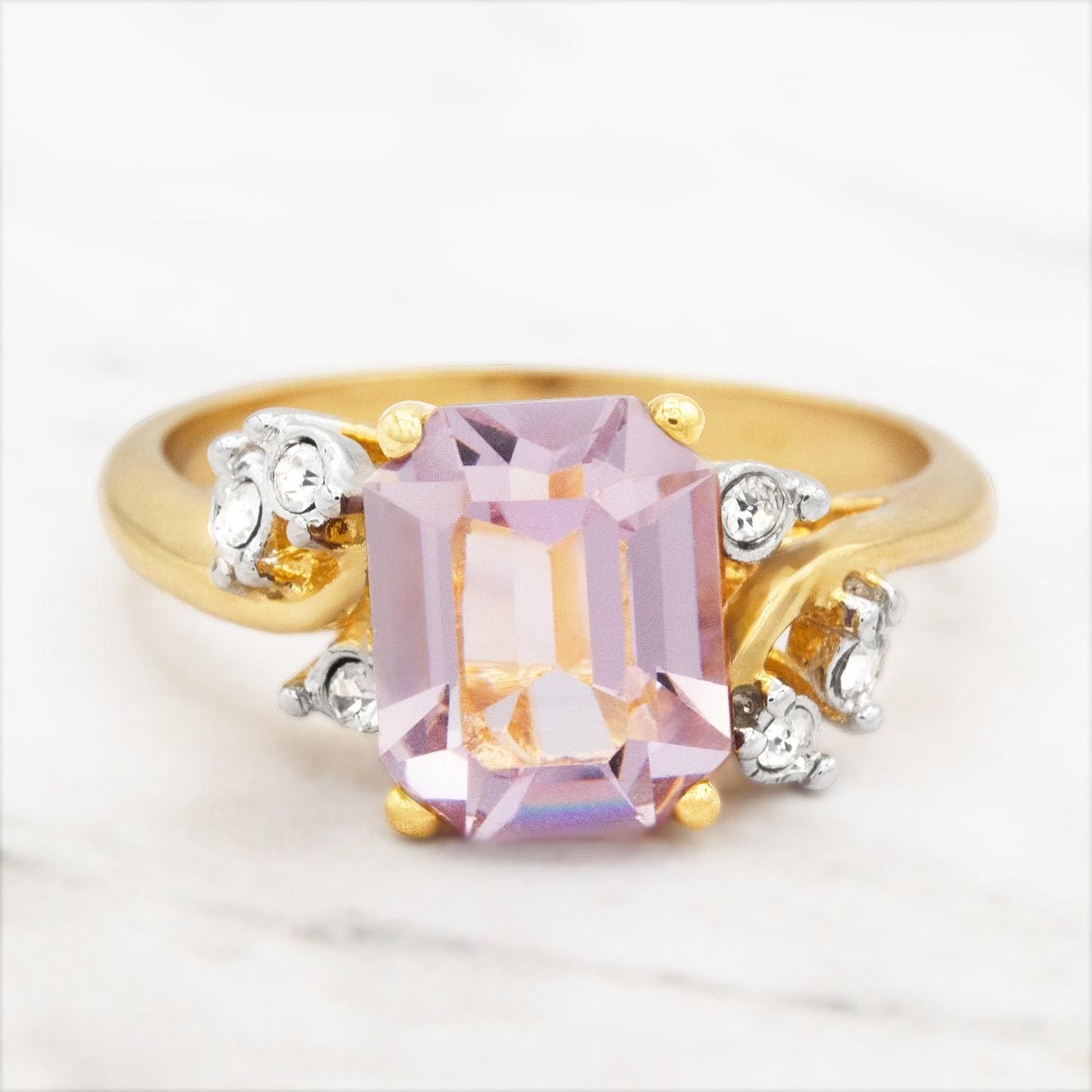 Vintage 1980s Light Amethyst Austrian Crystal Ring - 18k Gold Electroplated jewelry image 1