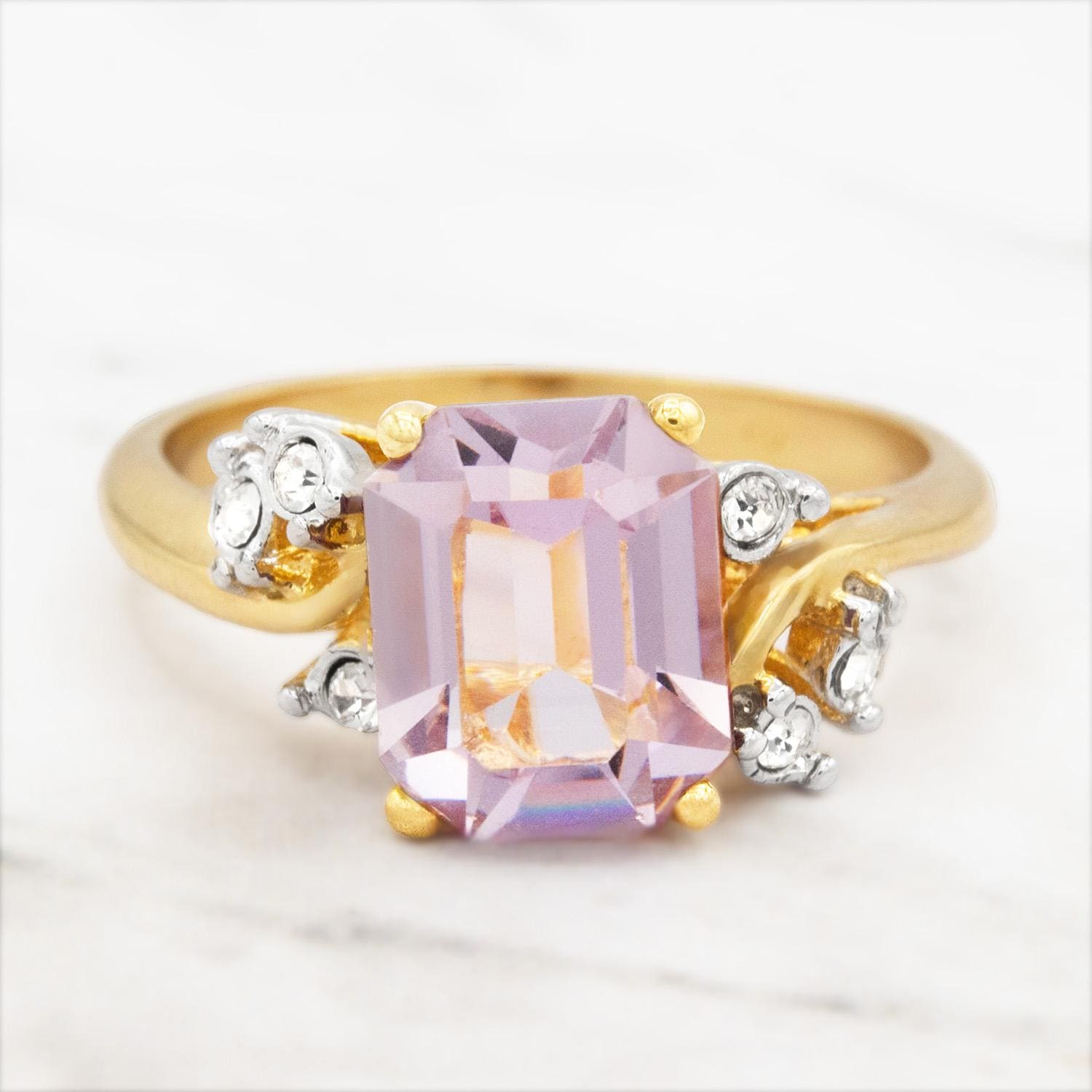 Vintage 1980s Light Amethyst Austrian Crystal Ring - 18k Gold Electroplated jewelry image 1