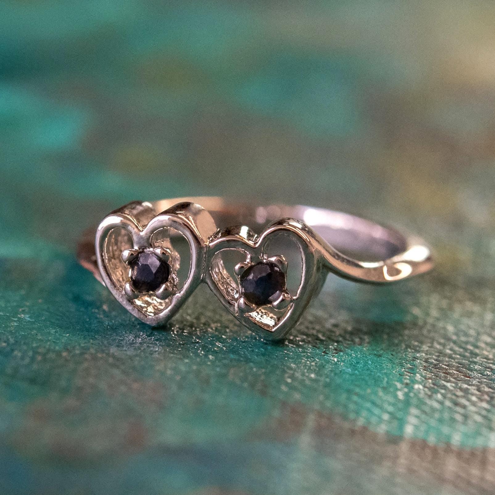 Vintage 1980s double heart ring with two round genuine sapphires in 18K white gold electroplated setting