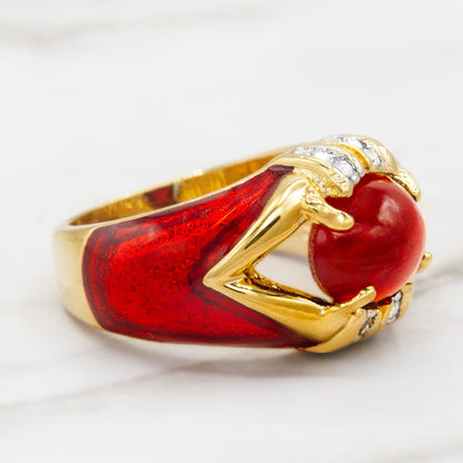 Vintage 1990s Ruby Red Cabochon Crystal and Clear Crystals Dome Ring - 18k Gold Electroplated with Hand Painted Epoxy jewelry image 1