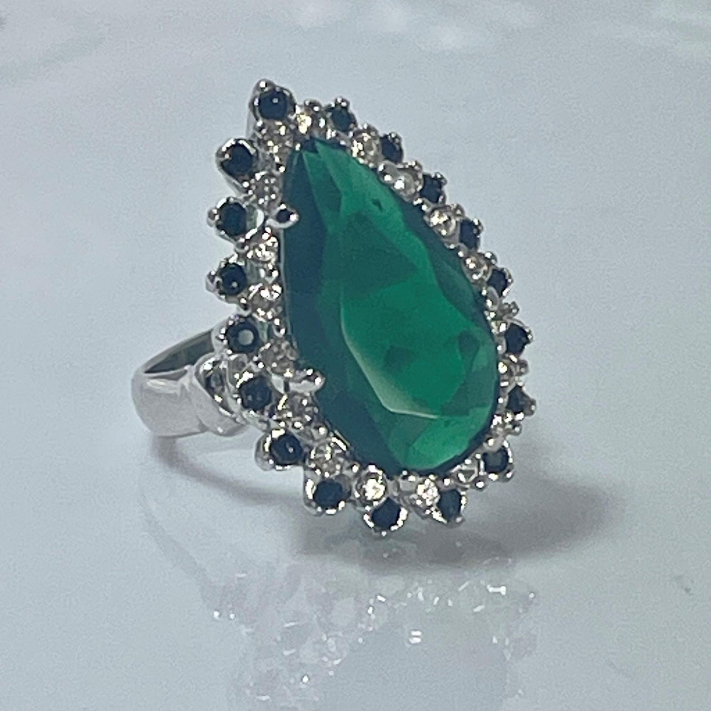 Victorian Style 18k HGE White Gold Cocktail Ring with Emerald Green and Black Austrian Crystals #R212 jewelry image 1