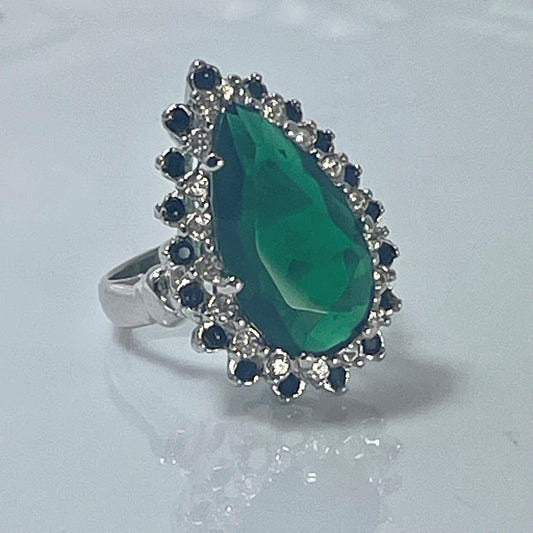 Victorian Style 18k HGE White Gold Cocktail Ring with Emerald Green and Black Austrian Crystals #R212 jewelry image 1
