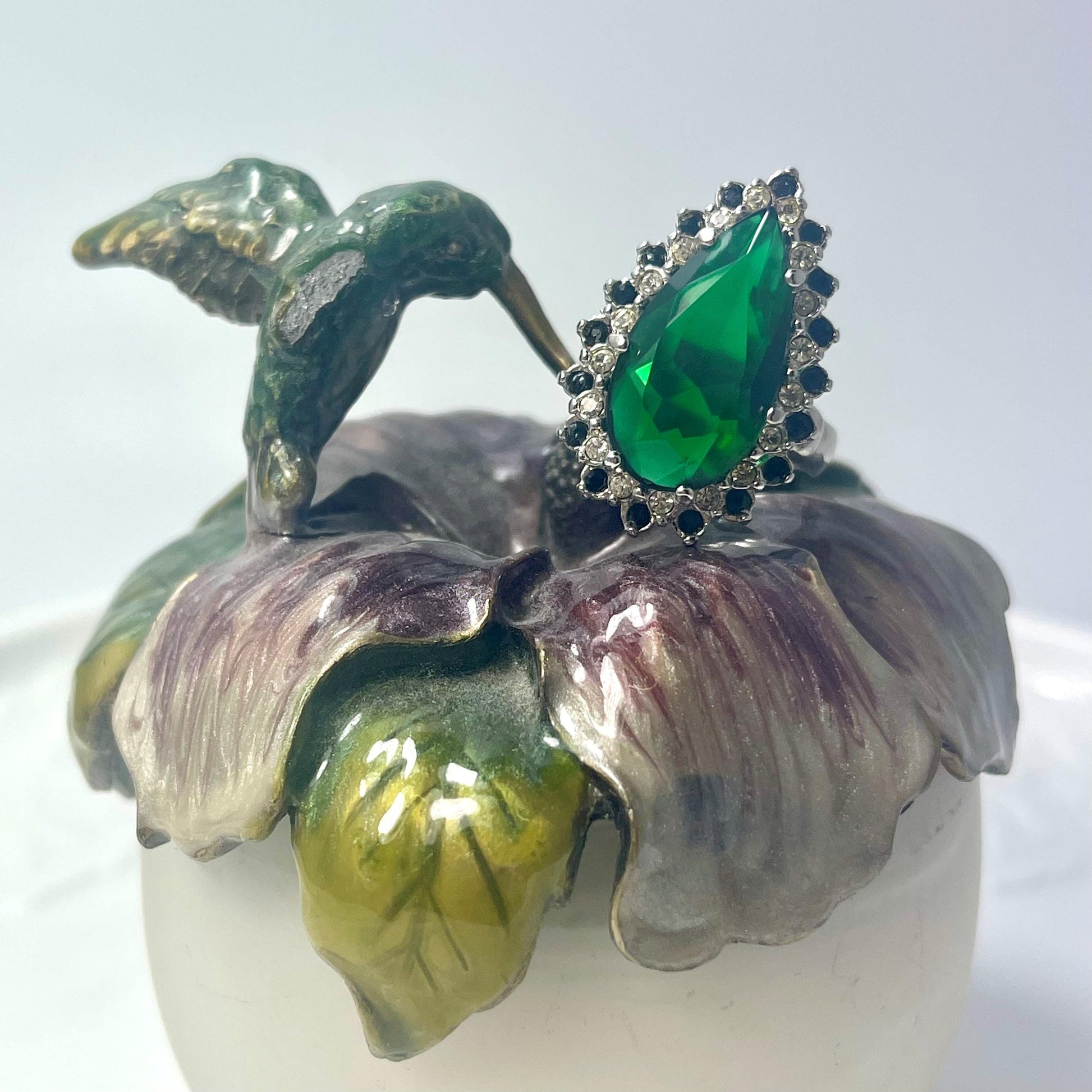 Victorian Style 18k HGE White Gold Cocktail Ring with Emerald Green and Black Austrian Crystals #R212 jewelry image 1