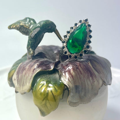 Victorian Style 18k HGE White Gold Cocktail Ring with Emerald Green and Black Austrian Crystals #R212 jewelry image 1