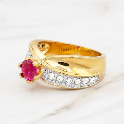 Vintage 1980s Ruby CZ Solitaire Engagement Style Ring - 18KT HGE Gold Plated jewelry image 1