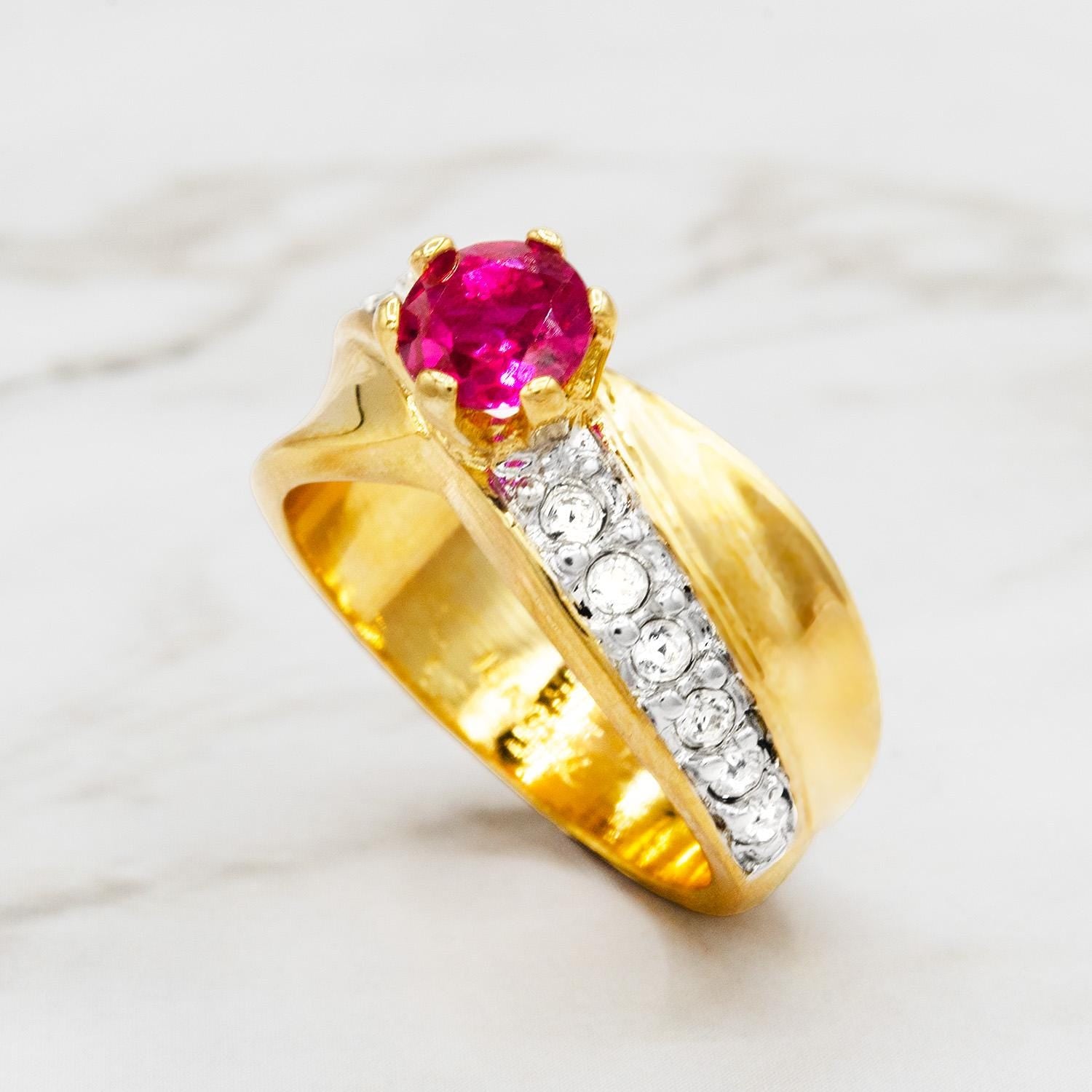 Vintage 1980s Ruby CZ Solitaire Engagement Style Ring - 18KT HGE Gold Plated jewelry image 1