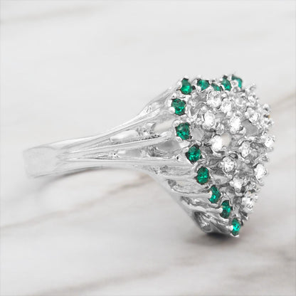 Vintage 1980s Heart Ring with Emerald Green and Clear Austrian Crystals – 18kt White Gold Electroplated jewelry image 1