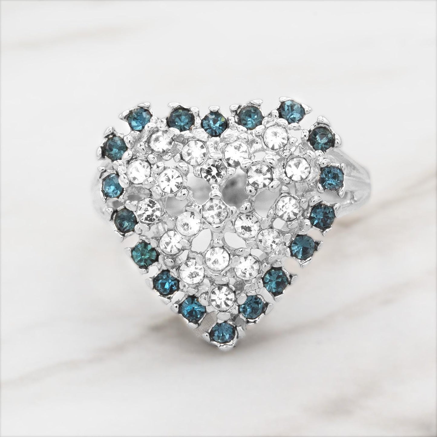 Vintage 1980s Austrian Crystal Heart Ring - 18kt Gold Electroplated - Sapphire Blue and Clear Crystals jewelry image 1