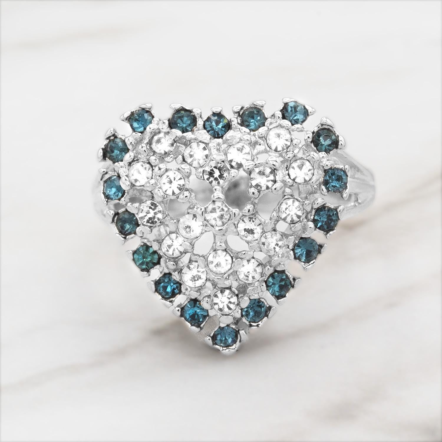 Vintage 1980s Austrian Crystal Heart Ring - 18kt Gold Electroplated - Sapphire Blue and Clear Crystals jewelry image 1