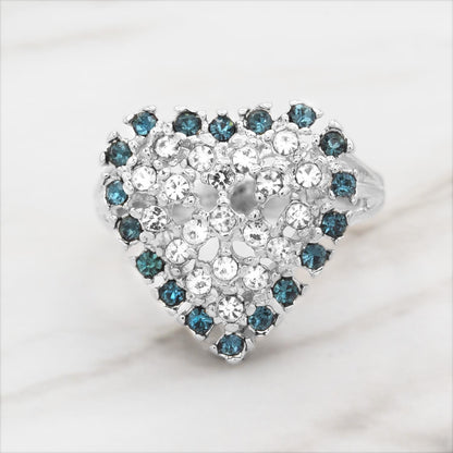 Vintage 1980s Austrian Crystal Heart Ring - 18kt Gold Electroplated - Sapphire Blue and Clear Crystals jewelry image 1