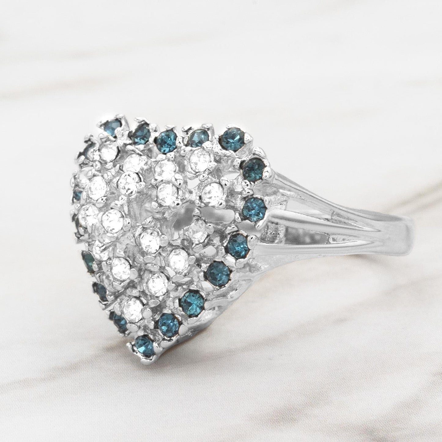 Vintage 1980s Austrian Crystal Heart Ring - 18kt Gold Electroplated - Sapphire Blue and Clear Crystals jewelry image 1