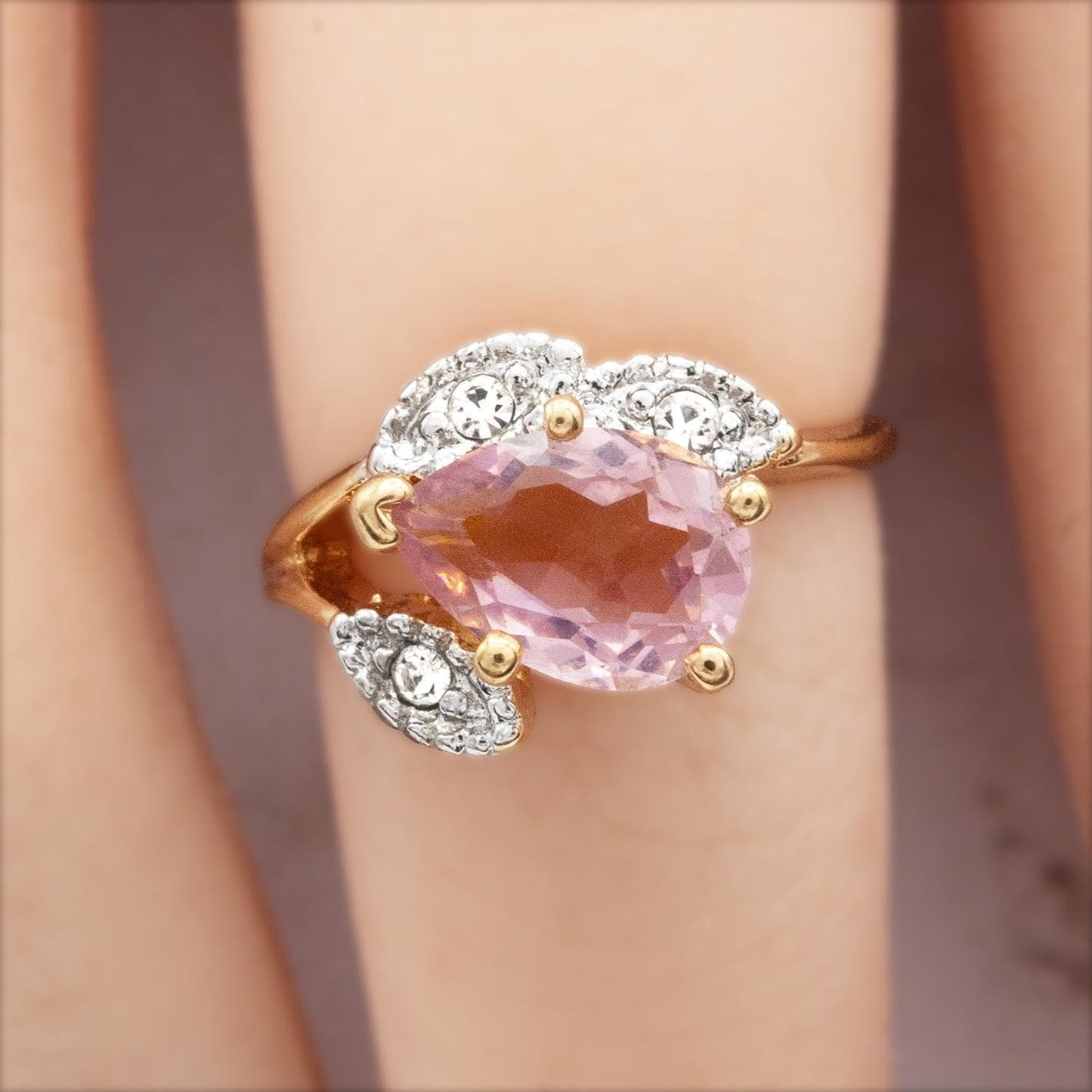 Vintage Light Amethyst Austrian Crystal Pear Cut Ring - 18k Gold Electroplated jewelry image 1