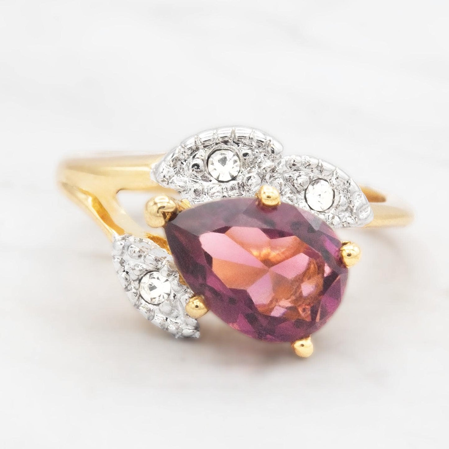 Vintage Amethyst Austrian Crystal Pear Cut Ring - 18k Gold Electroplated with Clear Crystal Accents jewelry image 1