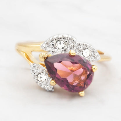 Vintage Amethyst Austrian Crystal Pear Cut Ring - 18k Gold Electroplated with Clear Crystal Accents jewelry image 1