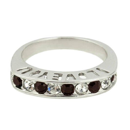 Silver tone band ring with engraved I Love You text and alternating garnet and clear Austrian crystals in channel setting