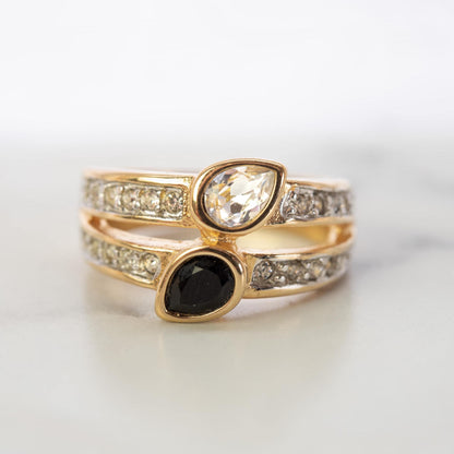 Vintage Jet Black and Clear Austrian Crystal Cocktail Ring - 18k Gold Electroplated jewelry image 1