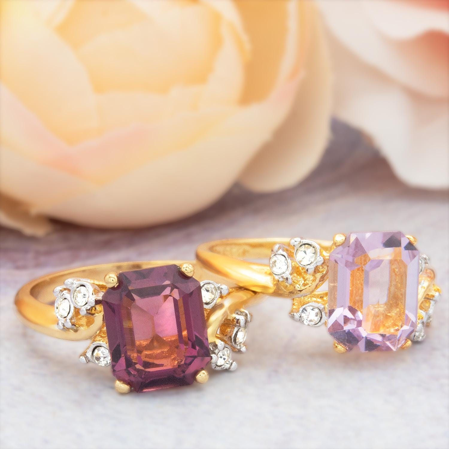 Vintage 1980s Light Amethyst Austrian Crystal Ring - 18k Gold Electroplated jewelry image 1