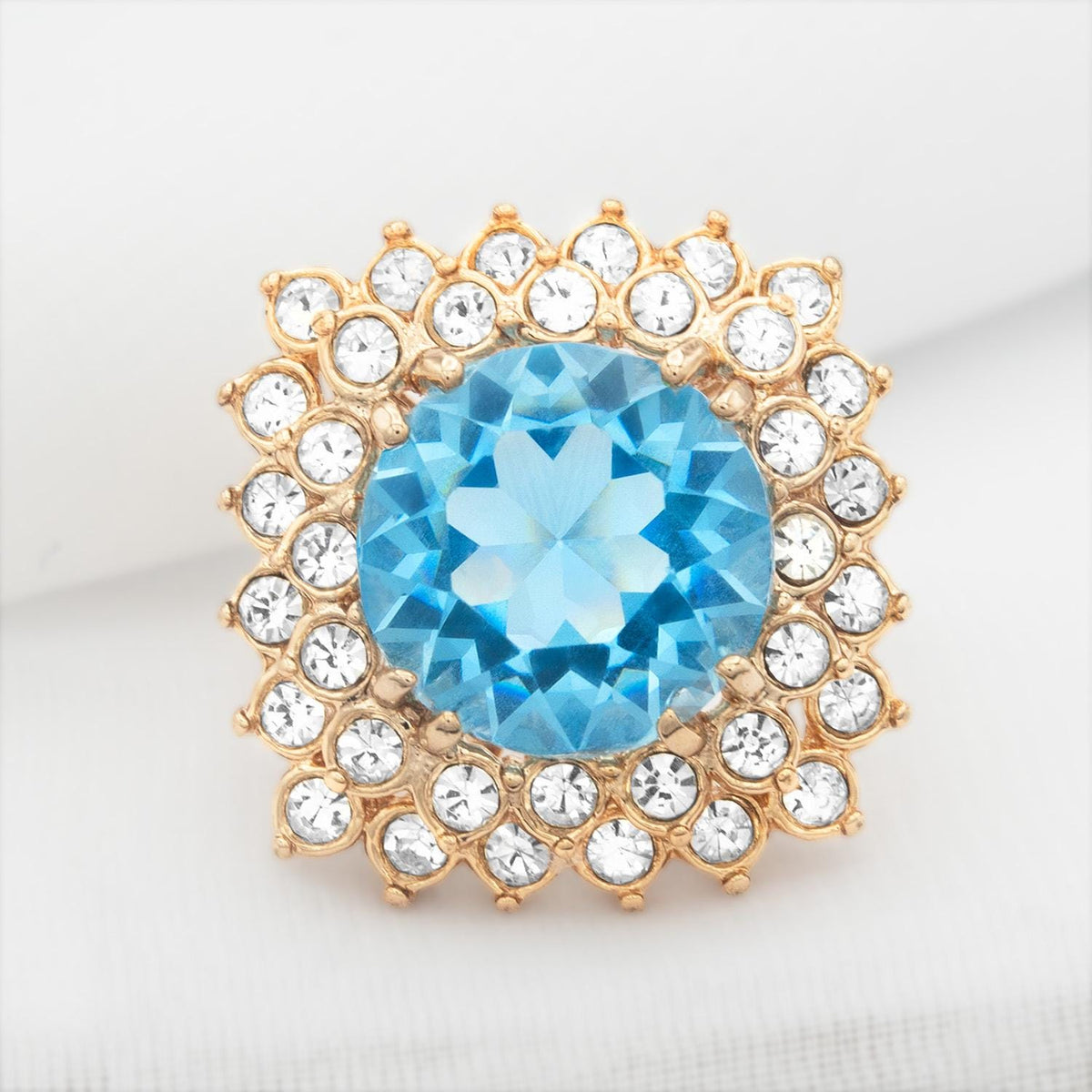 Vintage Austrian Crystal Aquamarine Statement Cocktail Ring – 18k Yellow Gold Electroplated, Made in USA jewelry image 1