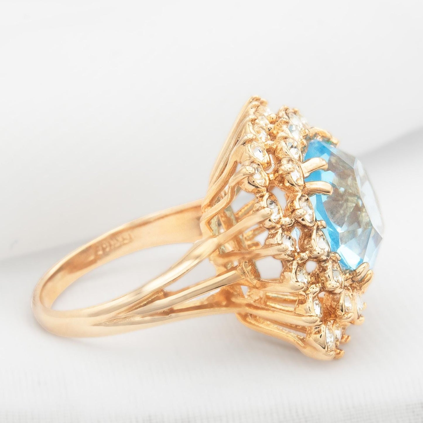 Vintage Austrian Crystal Aquamarine Statement Cocktail Ring – 18k Yellow Gold Electroplated, Made in USA jewelry image 1