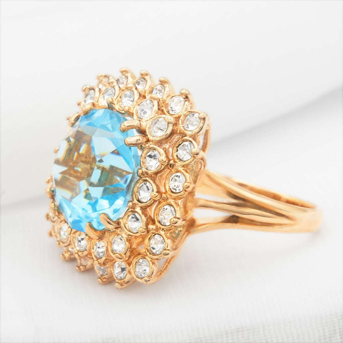 Vintage Austrian Crystal Aquamarine Statement Cocktail Ring – 18k Yellow Gold Electroplated, Made in USA jewelry image 1
