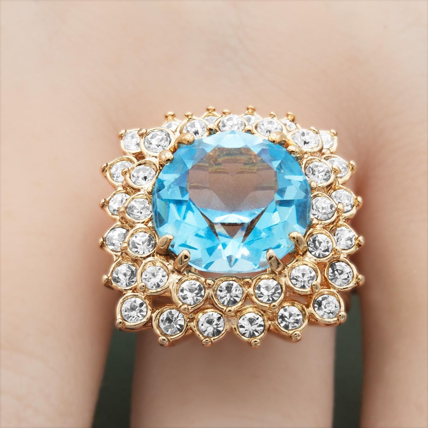 Vintage Austrian Crystal Aquamarine Statement Cocktail Ring – 18k Yellow Gold Electroplated, Made in USA jewelry image 1